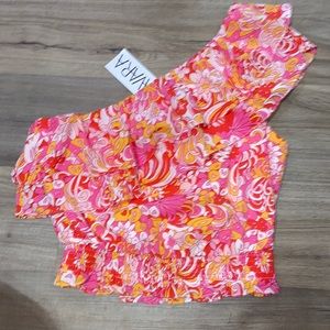 One shoulder floral groovy pink and orange shirt